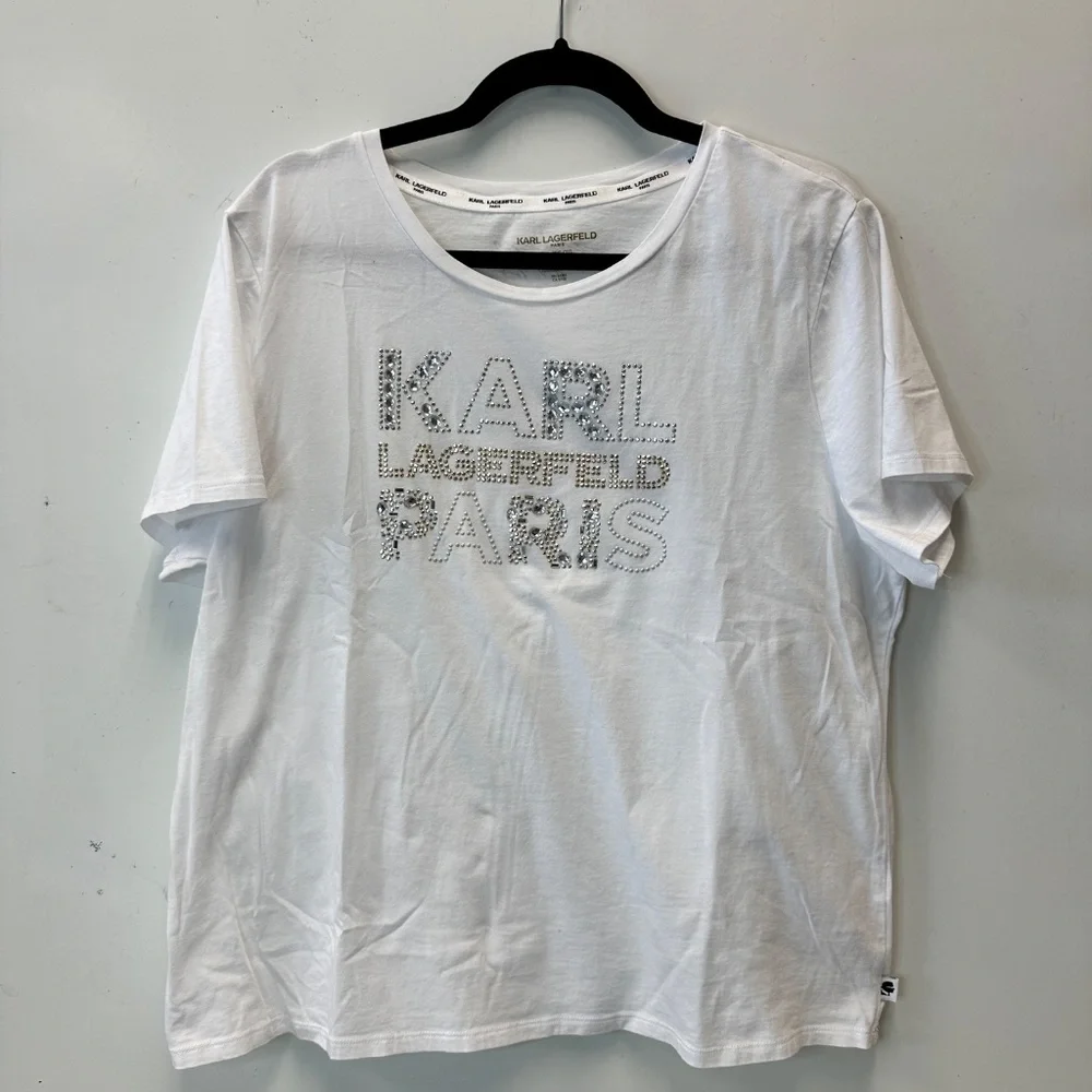 Karl Lagerfeld Paris White T-Shirt Women's Size XL Rhinestone Bling - Picture 3 of 12